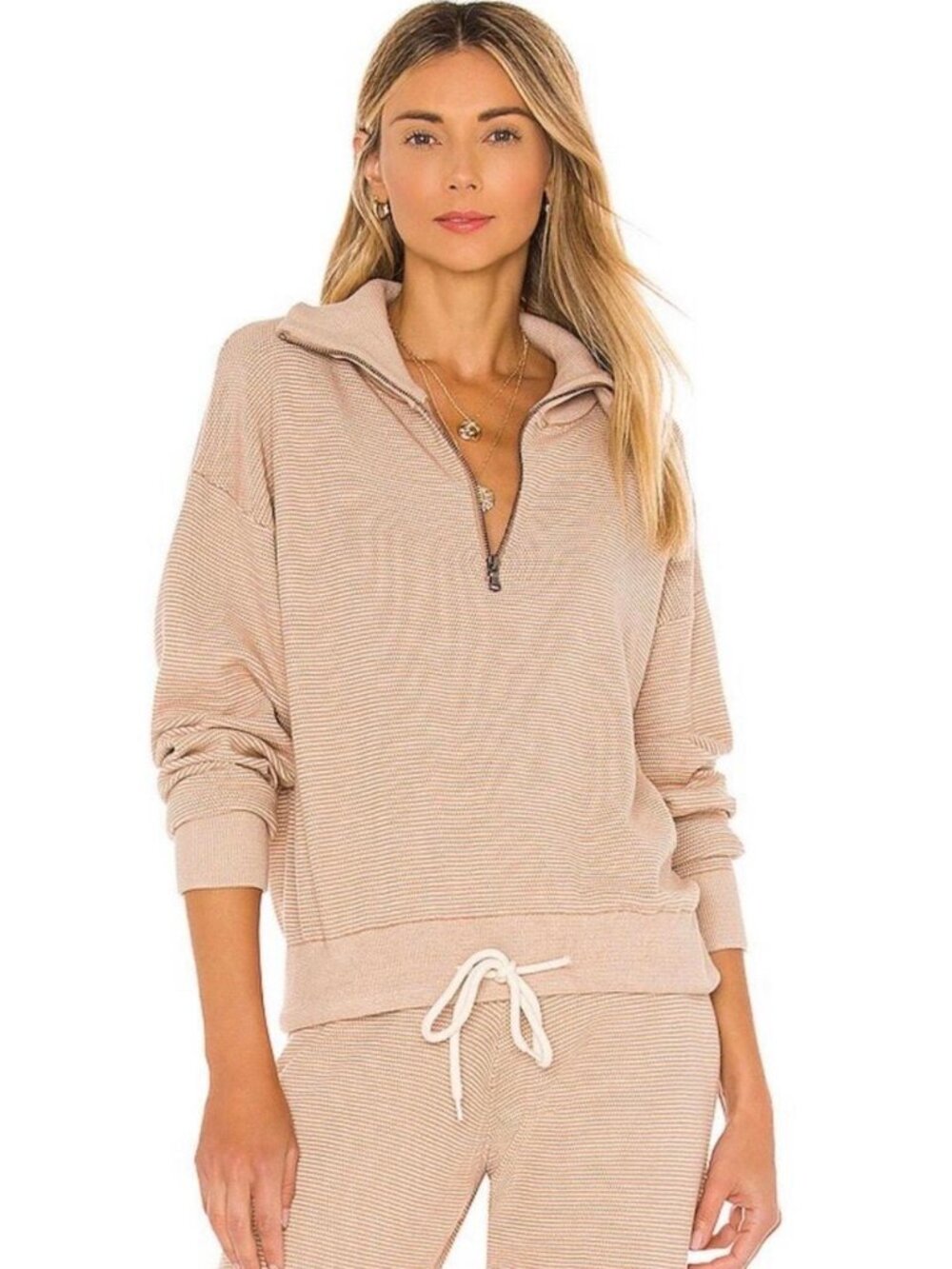 Varley Buckingham Oversized Pullover Quarter Zip in Praline & Ivory Size XS